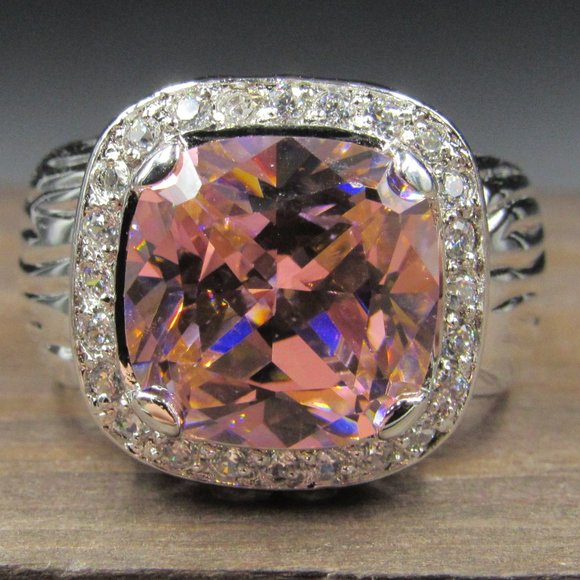 Jewelry - Size 8 Silver Tone Large Square Pink CZ Band Ring